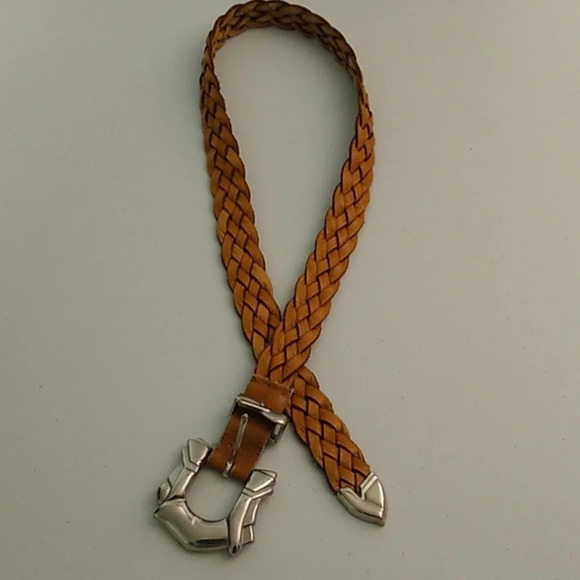 CARMEL BROWN, GENUINE WOVEN LEATHER, WITH HEAVY SILVER BUCKLE & TIP - Picture 1 of 7